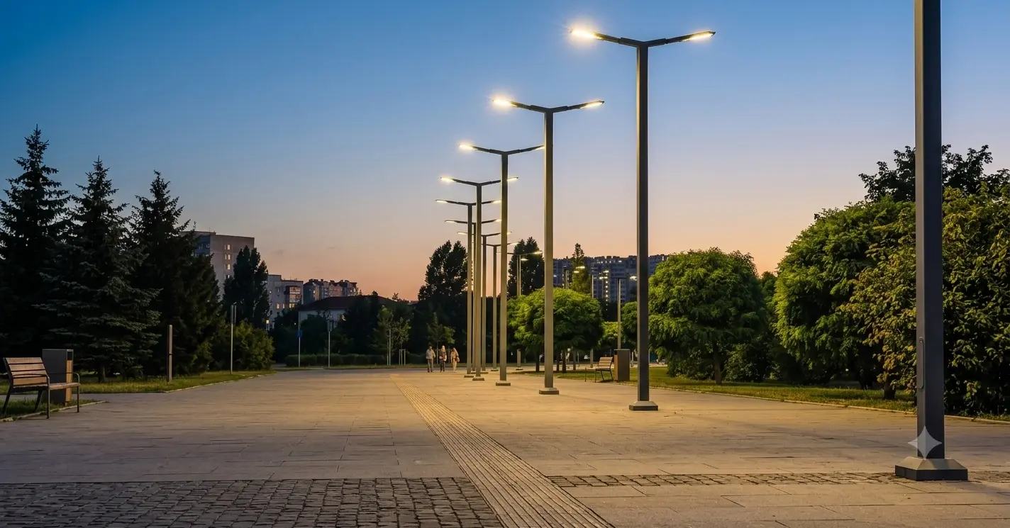 iluminacao-publica-de-led Imagem de uma rua vazia durante a noite, com postes de iluminação LED distribuídos ao longo da via, iluminando toda a rua de maneira uniforme.
