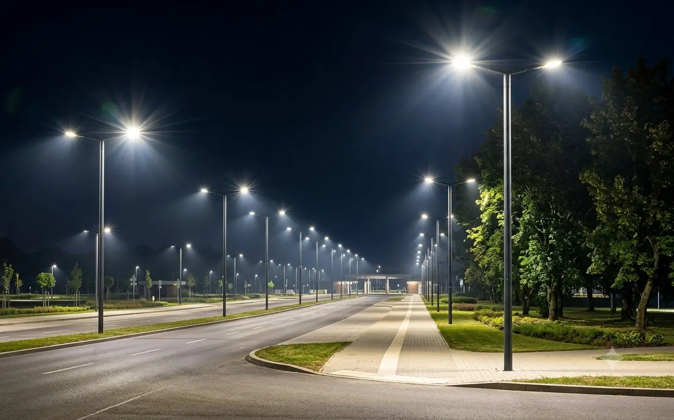 Imagem de uma rua vazia durante a noite, com postes de iluminação LED distribuídos ao longo da via, iluminando toda a rua de maneira uniforme.