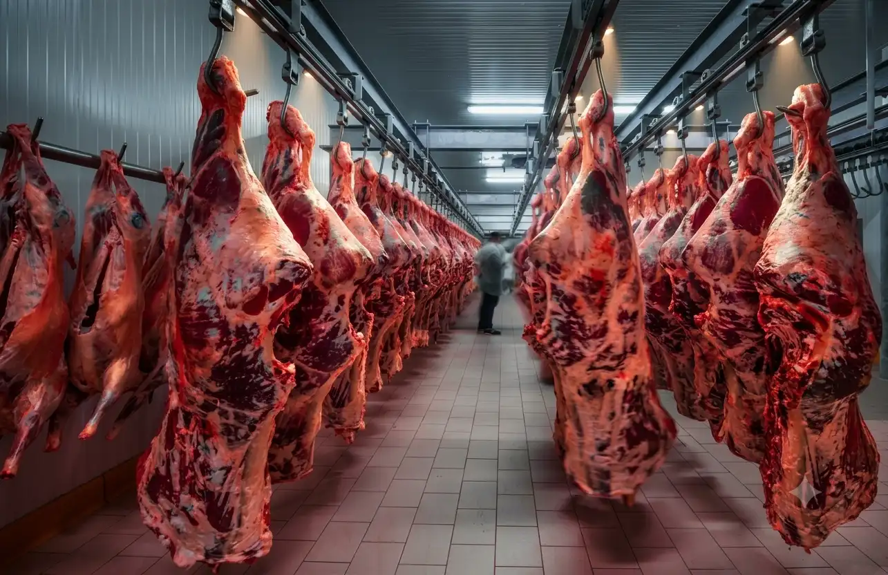 imagem mostrando a iluminação em um frigorífico cheio de carnes