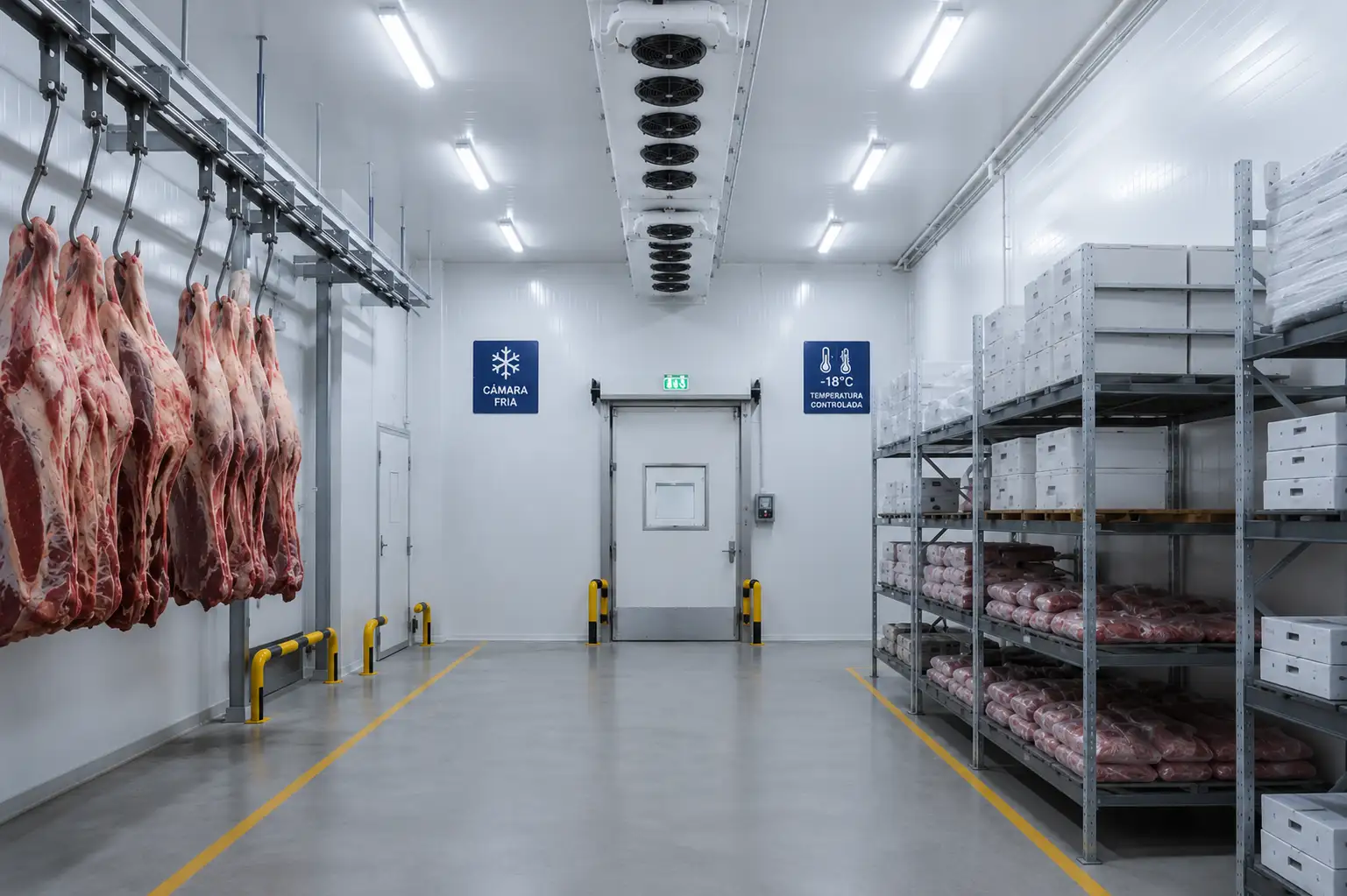 imagem mostrando a iluminação em um frigorífico cheio de carnes