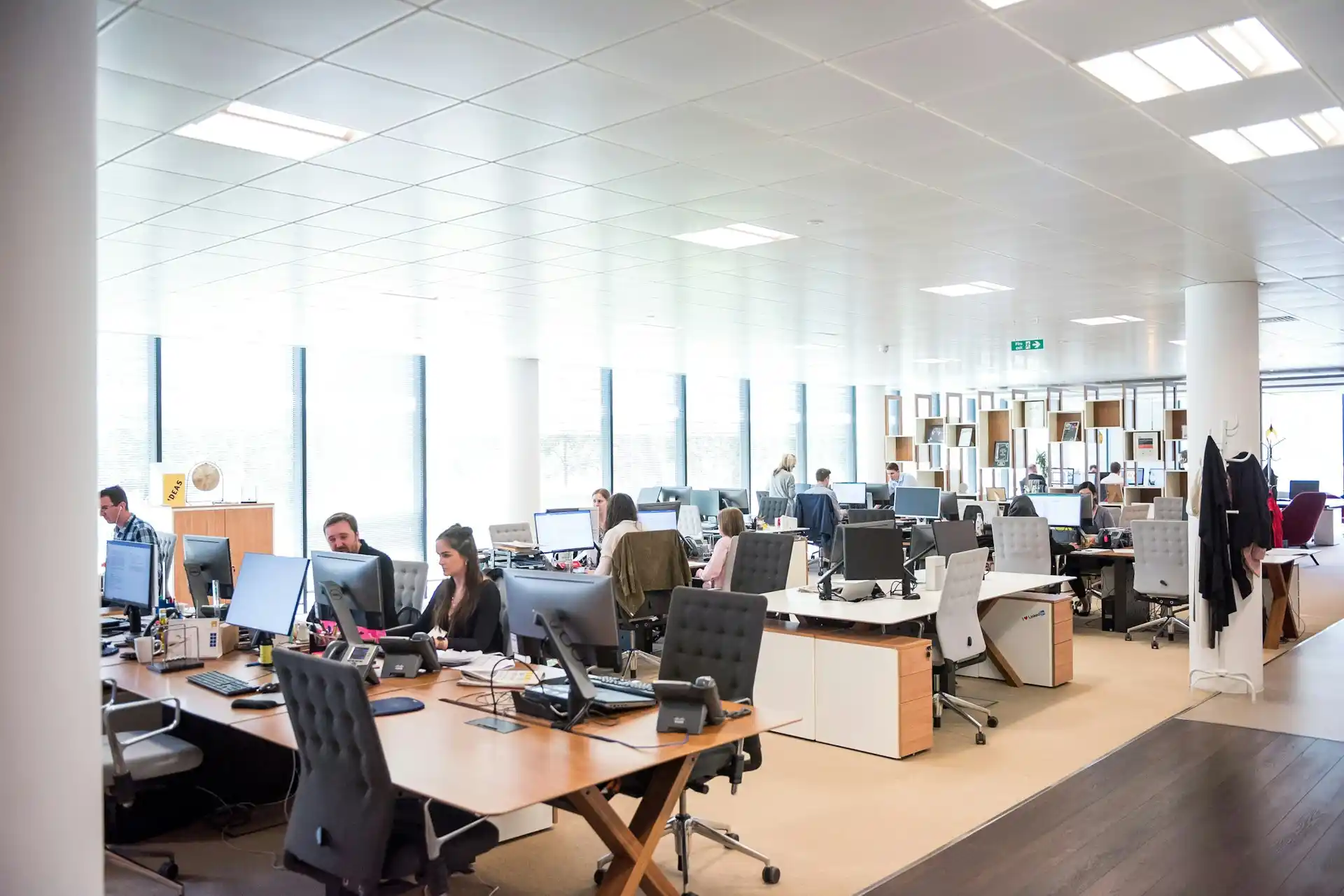 Imagem mostra um escritório, com várias mesas e pessoas trabalhando em frente ao computador, o ambiente é bem iluminado.