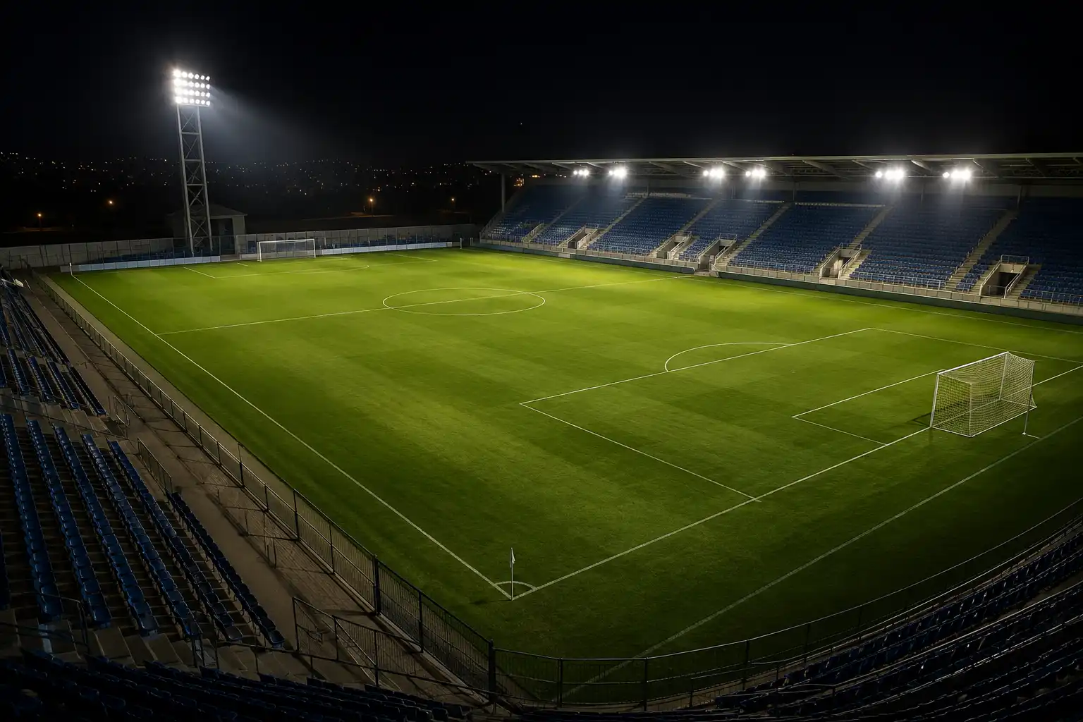 Imagem de um campo de futebol à noite, totalmente iluminado por refletores potentes, destacando o gramado verde e as marcações do campo com alta visibilidade e contraste.