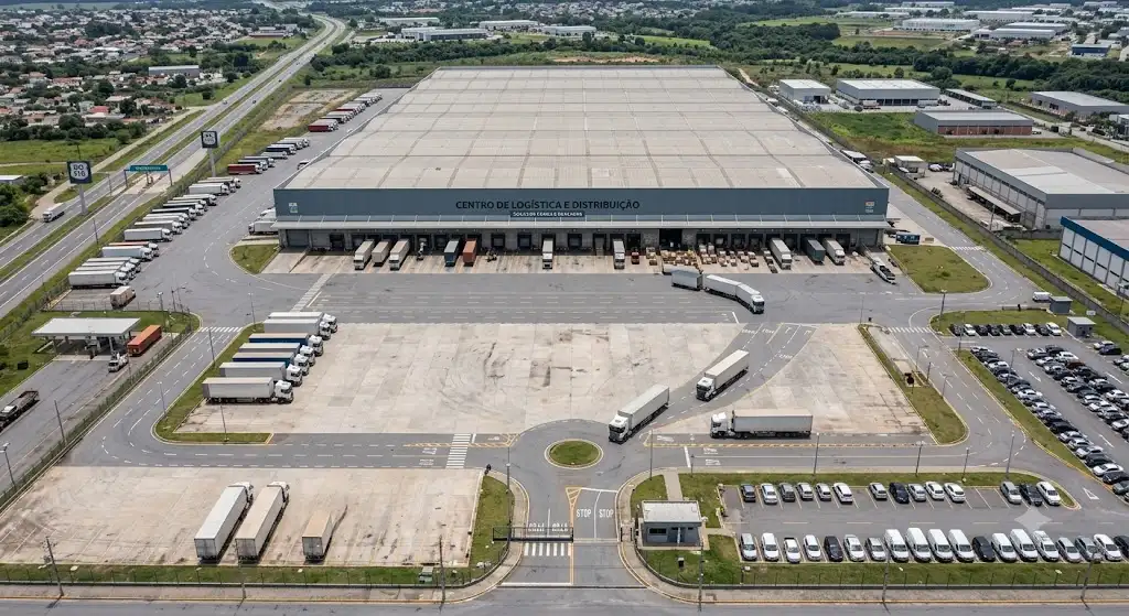 Imagem de um doca de carga e descarga com vários caminhões.
