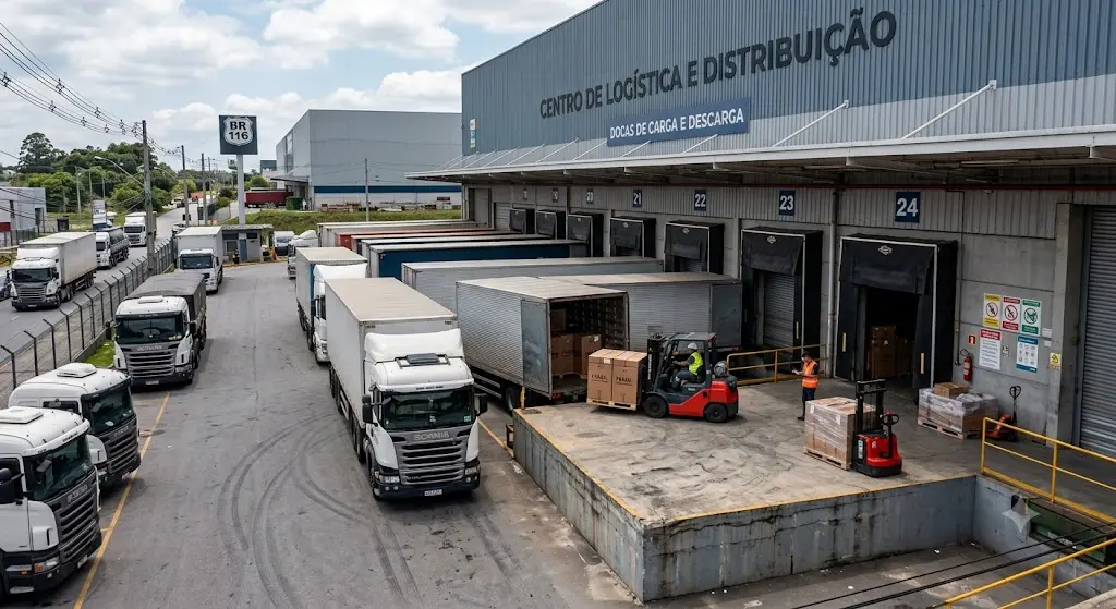 Imagem de um doca de carga e descarga com vários caminhões.