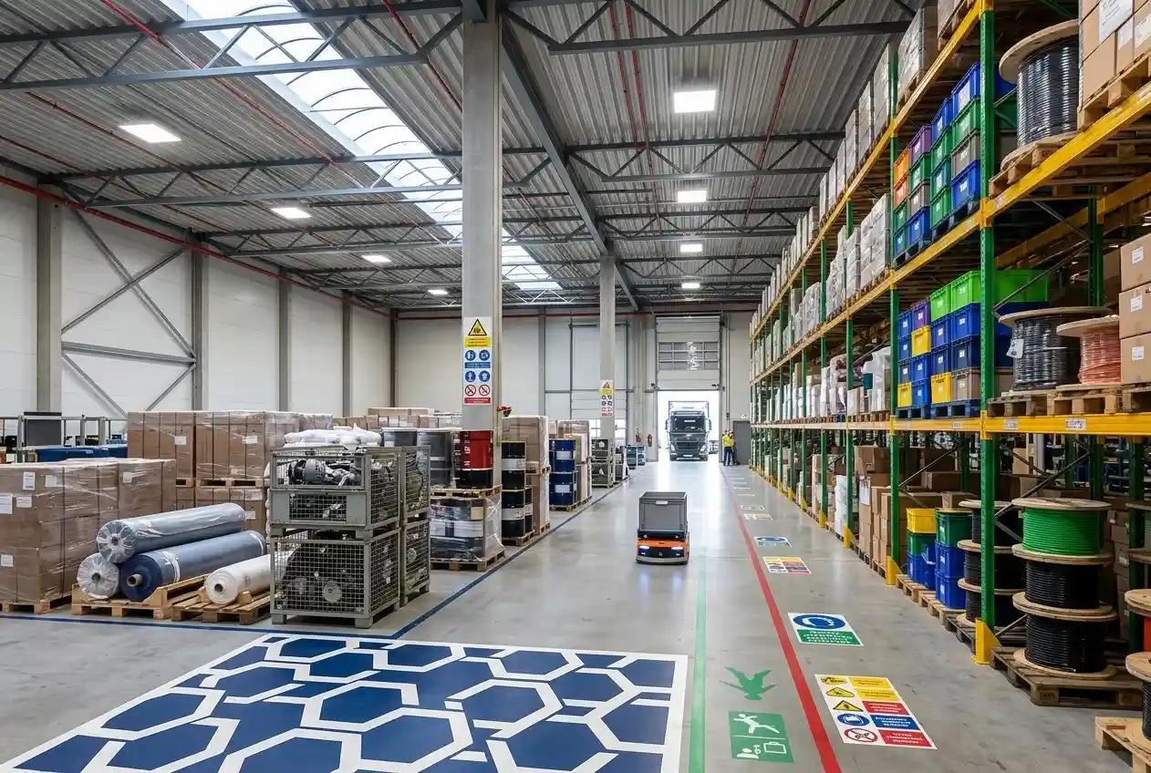 Imagem de um galpão com diversas mercadorias armazenadas em pallets e prateleiras.