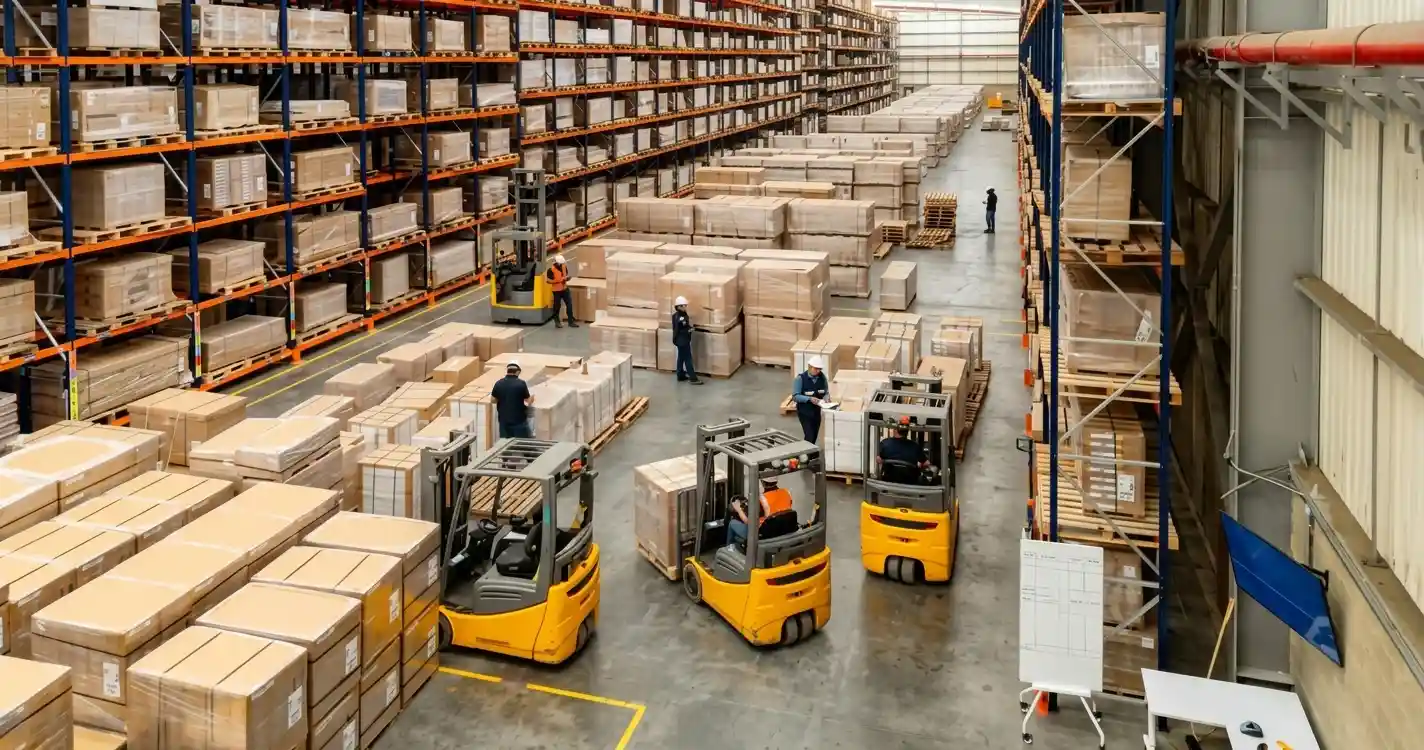 projeto-iluminacao-armazem Interior de um armazém logístico com estantes industriais, caixas, paletes e trabalhadores operando empilhadores.