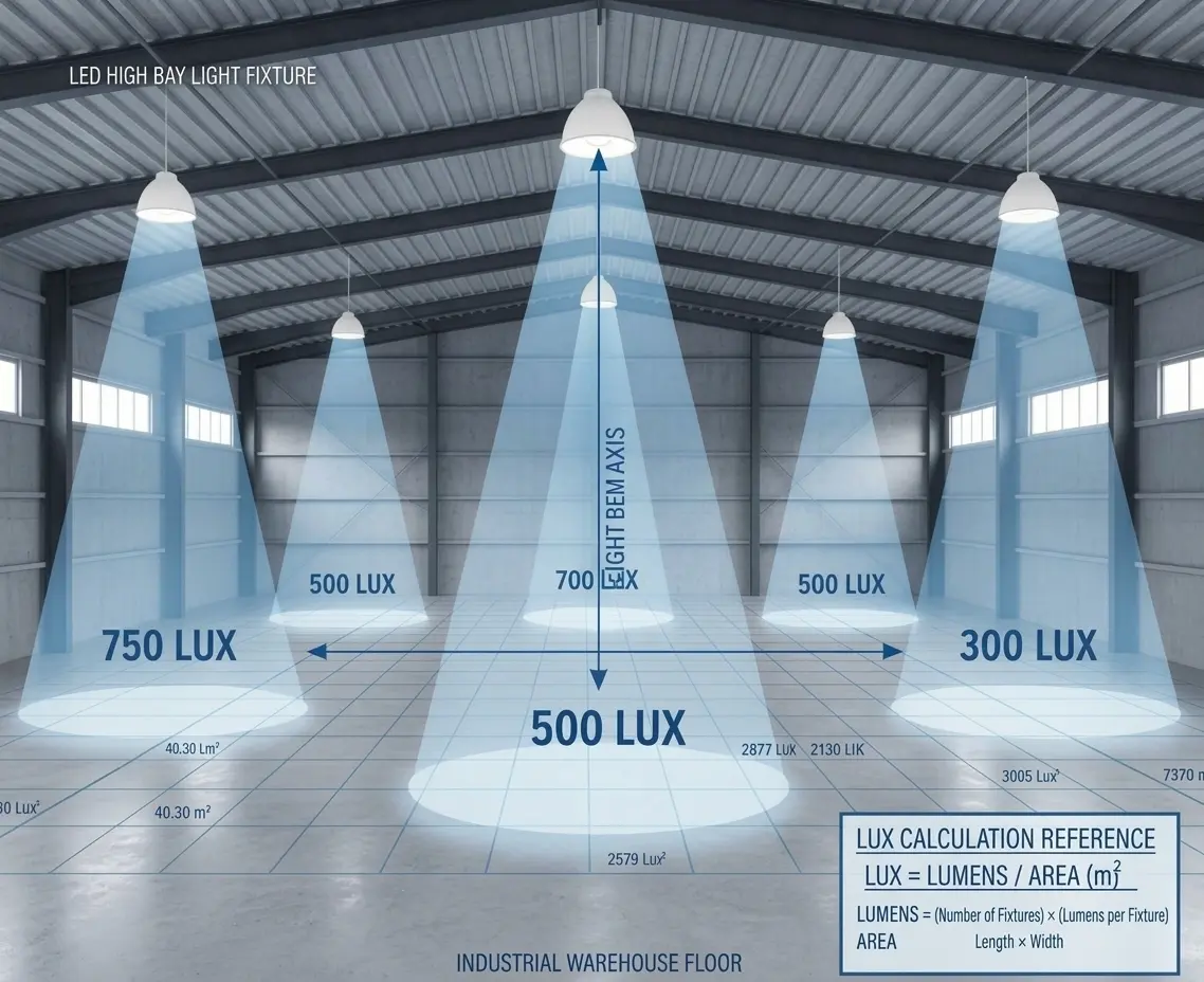 Imagem ilustrativa de um galpão industrial com iluminação do tipo "LED High Bay Light Fixture", demonstrando a distribuição de feixes de luz em cone e diferentes níveis de iluminação em lux (como 750 LUX, 500 LUX, 700 LUX e 300 LUX) sobre o chão.