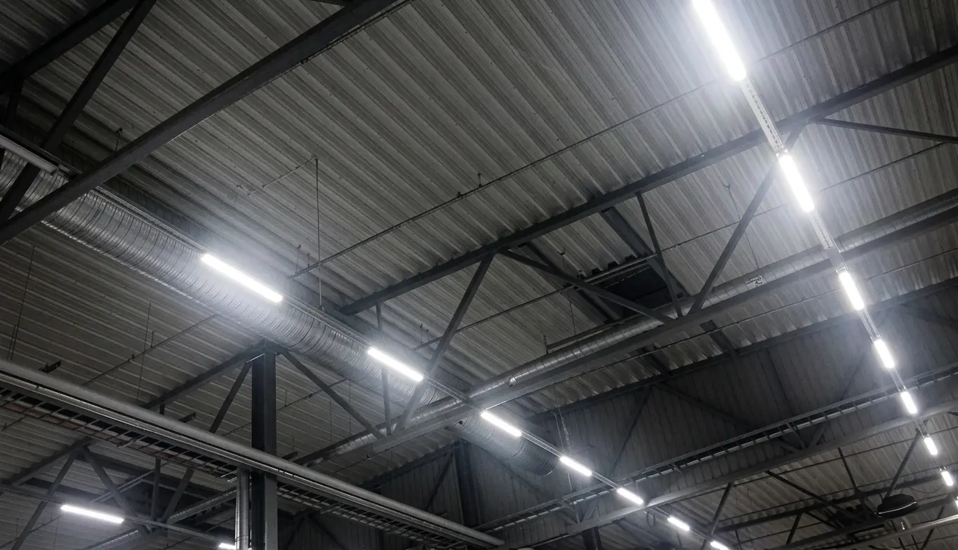 Imagem do teto metálico de um galpão industrial com vigas de aço, dutos de ventilação e luminárias LED lineares acesas alinhadas em filas.